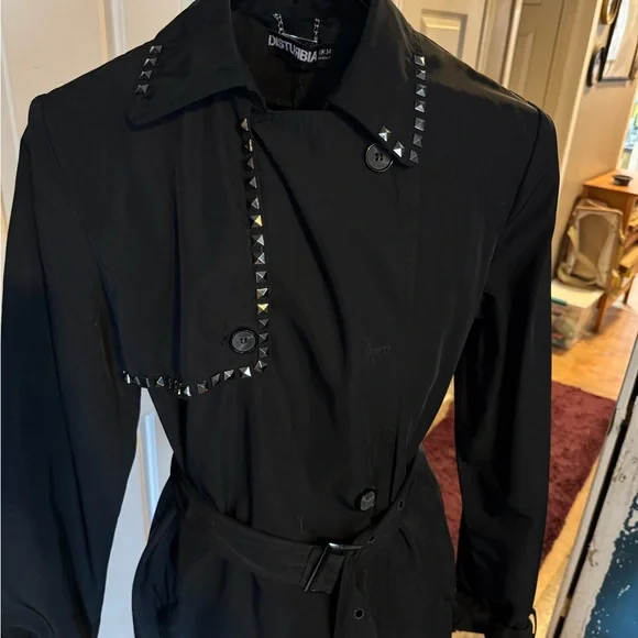 DISTURBIA / Black Studded Trench Coat / UK 14 - Picture 5 of 7